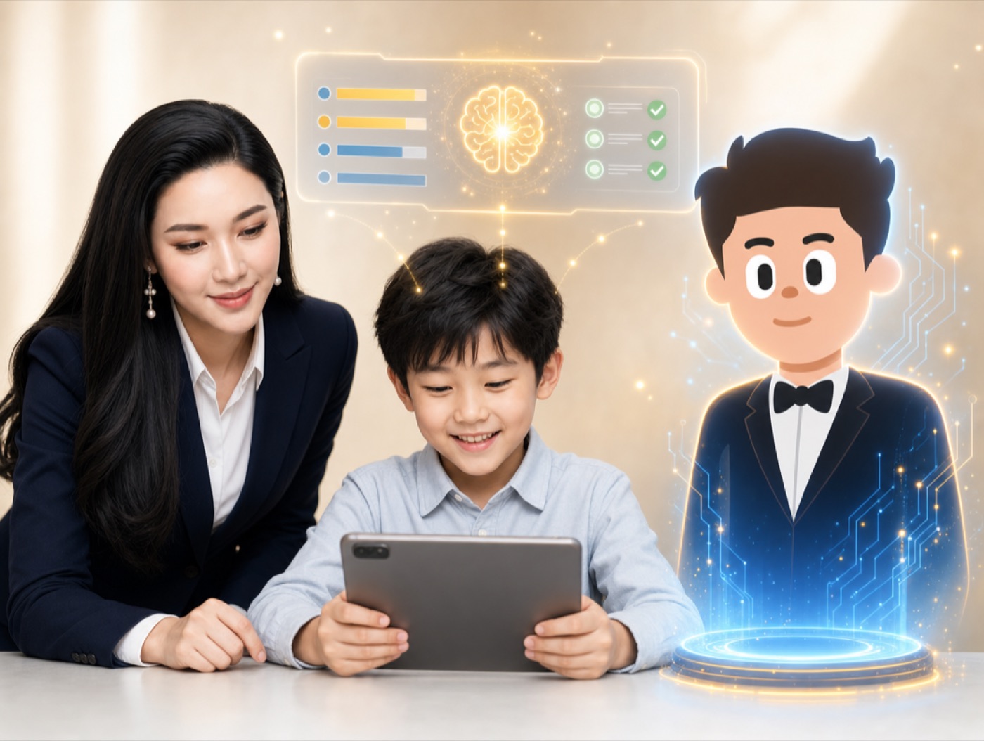 Mentor dan murid belajar bersama Guru AI di tablet